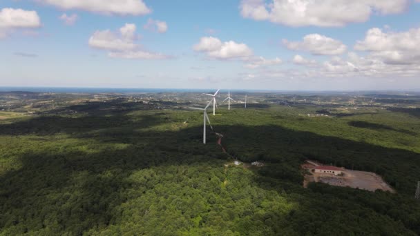 Flygdrönare Vindkraftverk Roterande väderkvarnar Grön energi — Stockvideo