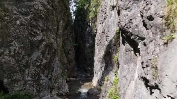 Mladý muž kráčející kaňon řeka letecký dron — Stock video