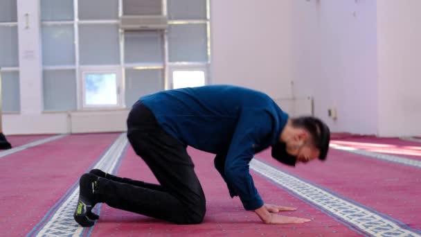 이슬람교도 가 그 의 이마를 대고 기도 — 비디오