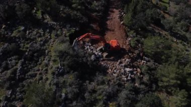 Kazı makinesi ormanda yol çalışması yapıyor.