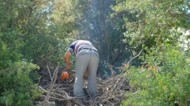 Elektrikli testere bahçesiyle odun kesen adam