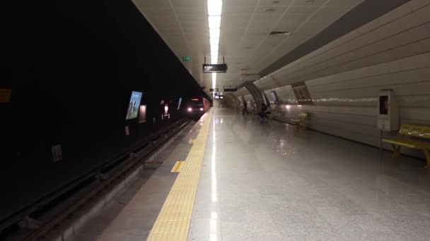 Paragens de trem subterrâneas em uma plataforma e os passageiros embarcam e desembarcam. — Vídeo de Stock