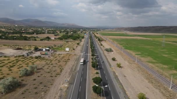 Road farmland transportation drone railway — Stock Video