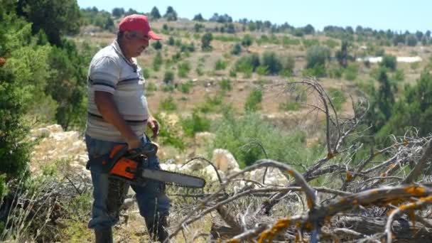 Дорослий чоловік ріже деревину з пилкою — стокове відео