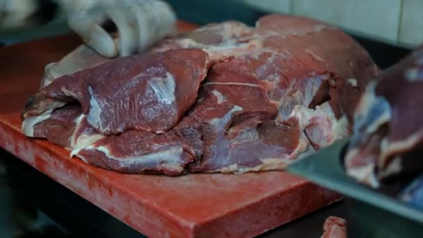고기, 셰프가 칼로 날고기를 자르는 모습 — 비디오