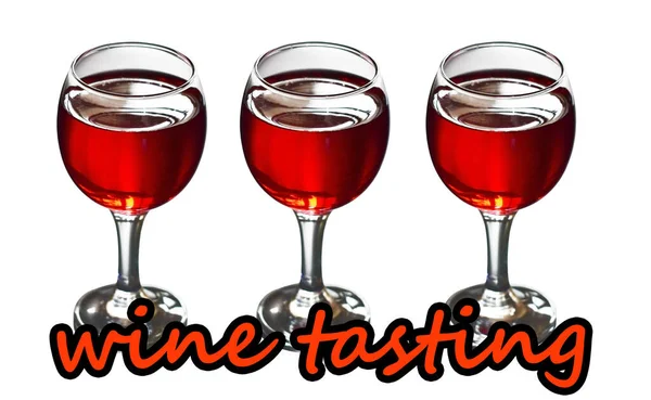 Trzy Kieliszki Czerwonego Wina Tekst Degustacja Wina — Zdjęcie stockowe