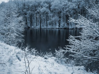     Şiddetli kar yağışından sonra kırsalda bir gölet.                           