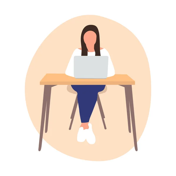 Menina Senta Mesa Trabalha Laptop Mulher Negócios Trabalho Secretária Aprendizagem — Vetor de Stock