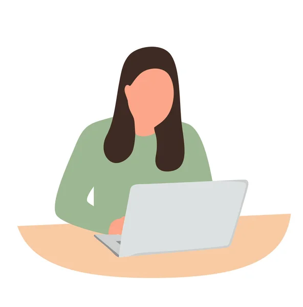 Menina Senta Mesa Trabalha Laptop Chamada Vídeo Menina Uma Camisola — Vetor de Stock