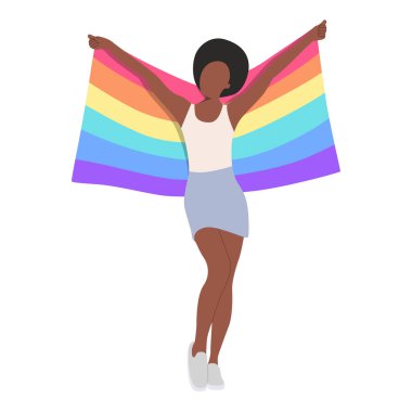 LGBT propagandası. Arkanda büyük bir lgbt bayrağı taşıyan Afrikalı Amerikalı kız.