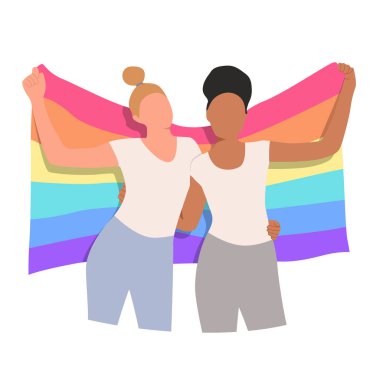İki kız lgbt bayrağı altında. Lezbiyenler ve bayrak. Eşcinsel evlilik aşkı. Aynı cinsiyetten iki farklı ırk.