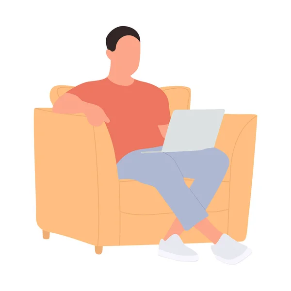 一个男人拿着笔记本电脑坐在椅子上 远程工作从家里 远程培训 家居装饰 用笔记本电脑在椅子上放松 — 图库矢量图片