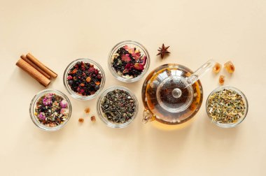 Çaydanlığın yanındaki yeşil, siyah ve bitkisel çayın farklı türleri bej arka planda sıcak demlenmiş çayla dolu. Lezzetli organik içecekler. Yukarıdan bak. Metin için bir yer.