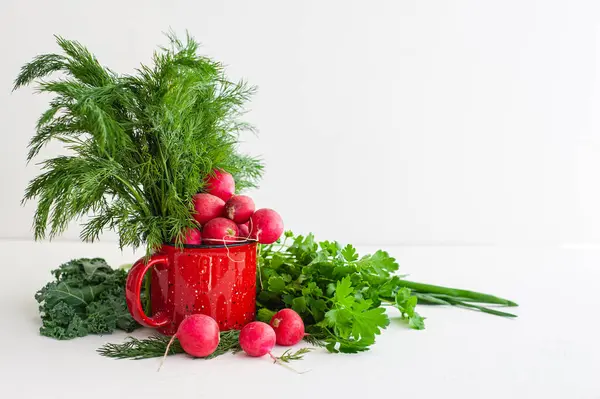 Cosecha de primavera y verano. Rábanos frescos y eneldo en una taza roja sobre un fondo blanco. Enfoque selectivo. Un lugar para el texto. — Foto de Stock