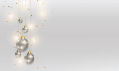 En az Noel ve yeni yıl arkaplanı gümüş Noel topları, konfeti tatil ışıkları aydınlatmasıyla süslenmiş. Metin alanı olan Kış Tatillerinin Vektör Bayrağı