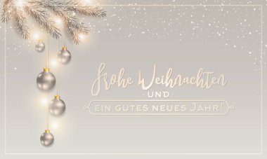 Yılbaşı Gümüş Dekorasyon Arkaplan Kartı ve Alman Mutlu Yıllar Mesajı. Frohe Weihnachten. Vektör
