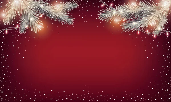 Weihnachten Roter Hintergrund Mit Weihnachtsbaum Zweig Shining Holiday Lights Dekoration — Stockvektor