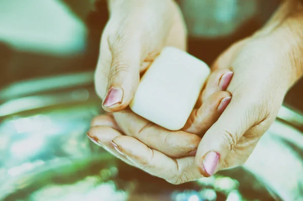 Wash Old Female Hands Soap Virus Bacterial Protection — Stock Photo, Image