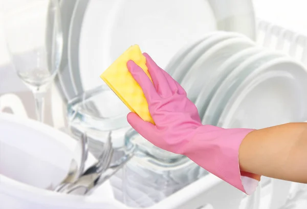 Reinigung Der Küche Und Des Geschirrs Hand Hand Rosa Handschuh — Stockfoto