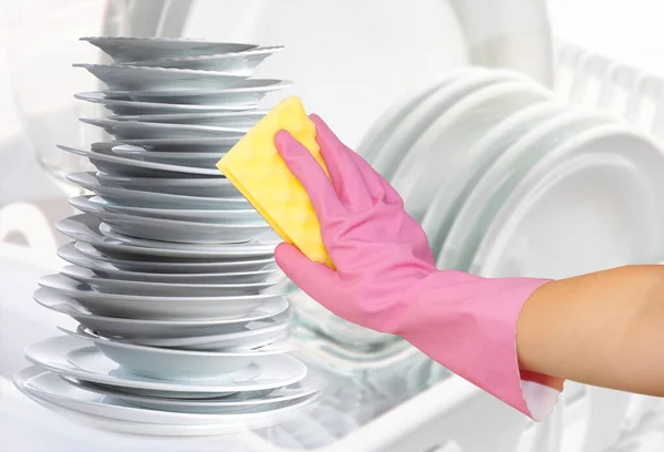 Lavagem Louça Casa Limpeza Pratos Utensílios Cozinha Com Esponja Luvas — Fotografia de Stock