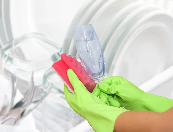 Hands Household Gloves Cleaning Wine Glass Using Sponge Kitchen Background — Stock Photo, Image