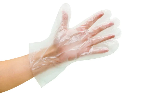 Guante desechable transparente en la mano — Foto de Stock