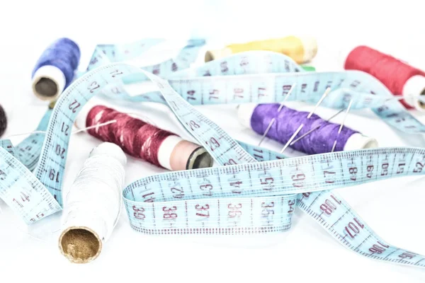 Retro blue  ruler and many colored clew — Stock Photo, Image