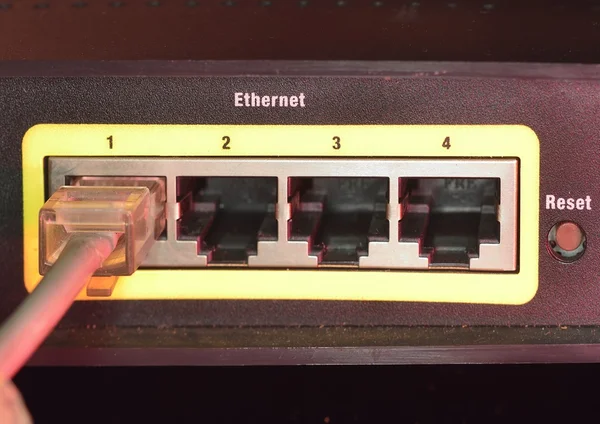 Rj45 terhubung ke socket dalam router — Stok Foto