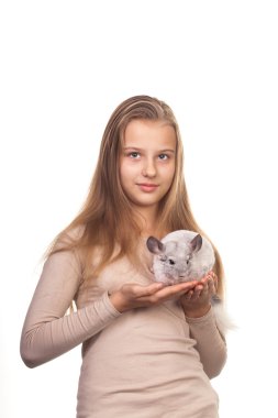 Kız ve üzerinde beyaz izole chinchilla