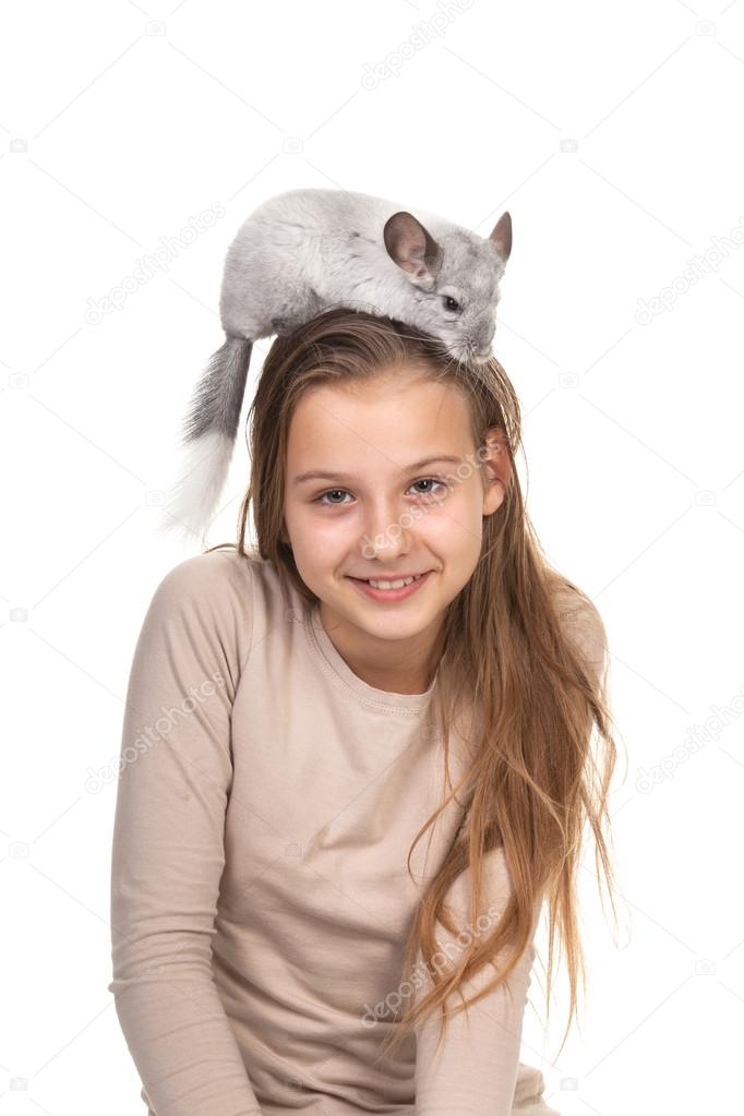 Girl and chinchilla isolated on white