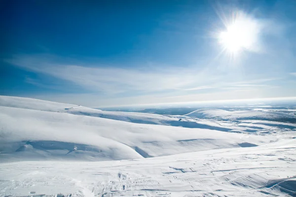 Un gran campo cubierto de nieve bajo el sol —  Fotos de Stock