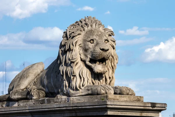 León sobre un pedestal sobre el soporte del puente en Budapest — Foto de Stock