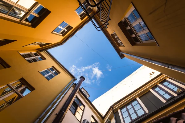 Bottom view from the atrium of the red houses in Riga — Stock Photo, Image