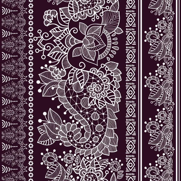 Borde sin costuras bohemio de encaje vectorial con elementos florales y Paisley . — Vector de stock