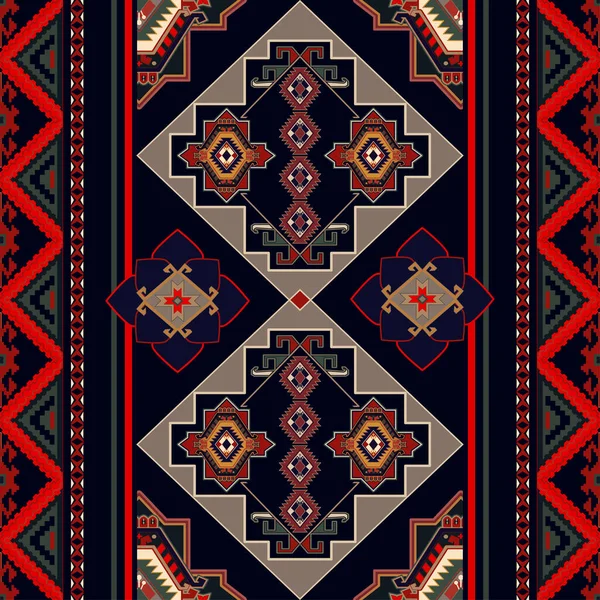 カラフルな幾何学的な民俗パターン。対称装飾用壁紙.菱形と装飾的な赤いデジタルペーパー。民族のシームレスな背景 — ストックベクタ