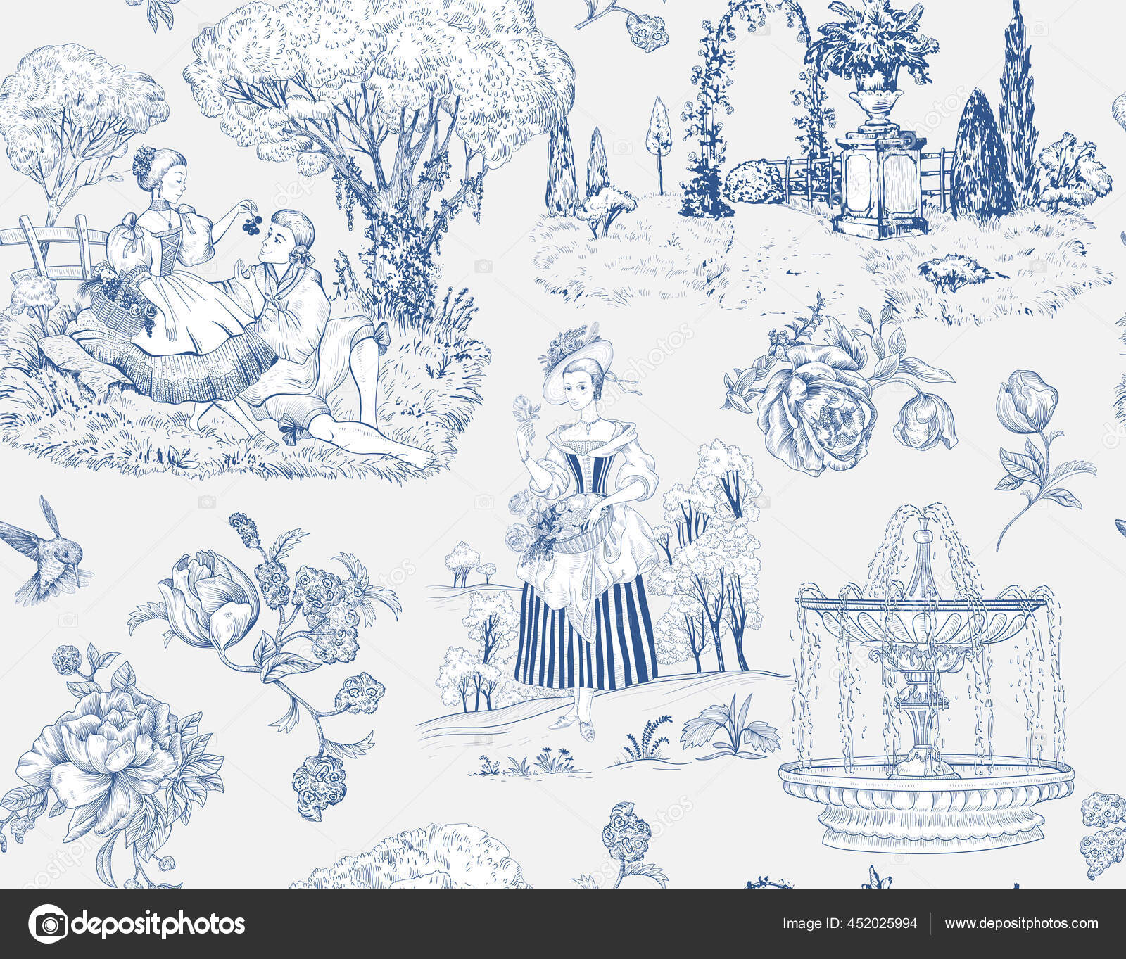 Seamless pattern Toile de Jouy. French provence wallpaper. Digital ...