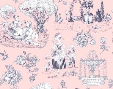 Kusursuz Toile de Jouy modeli. Fransız kaynaklı duvar kağıdı. Dijital kağıt kaynak biçimi.