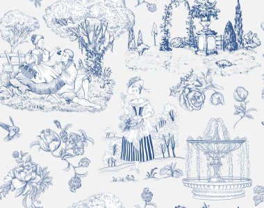 Kusursuz Toile de Jouy modeli. Fransız kaynaklı duvar kağıdı. Dijital kağıt kaynak biçimi.