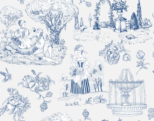 Bezproblémový vzor Toile de Jouy. Francouzská provence tapety. Styl provenience digitálního papíru. — Stockový vektor