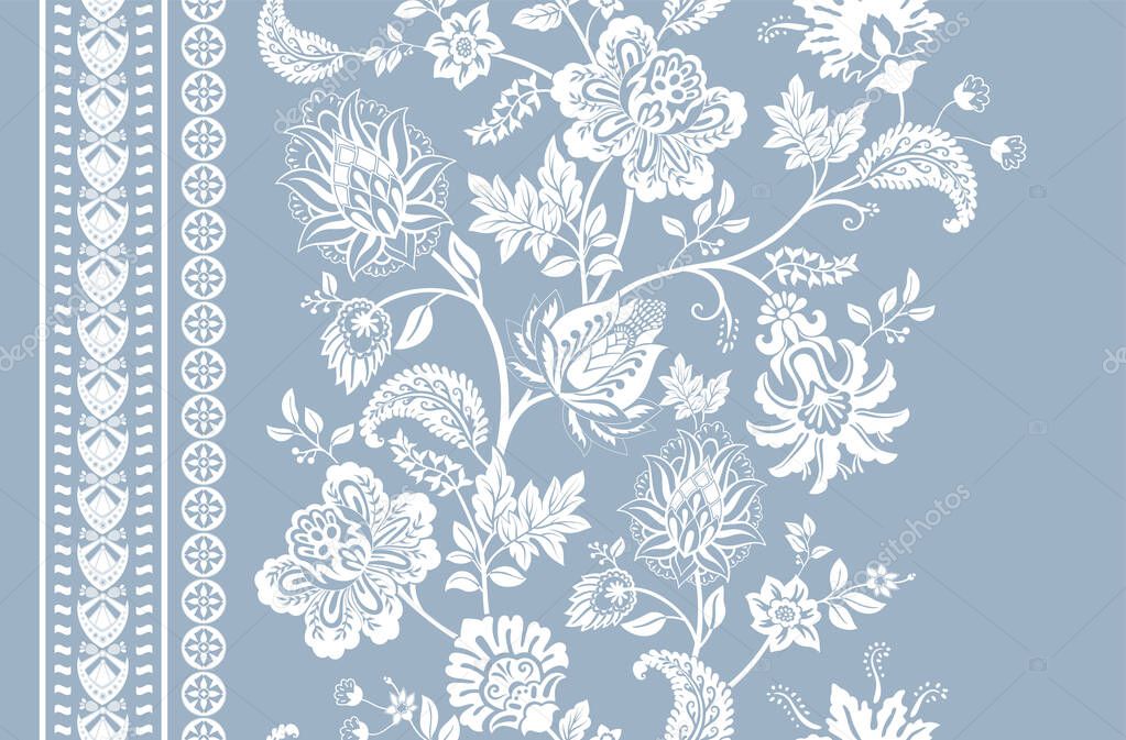 Floral seamless pattern. Border Indian decorative wallpaper. Design for textile, wallpaper, web, print, paper, backdrop, background. Batik indonesia, branches flowers