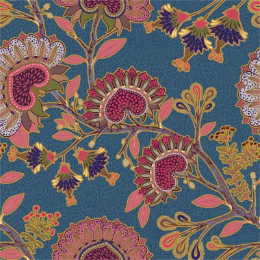 Çiçeksiz desen. Hint duvar kağıdı. Tekstil, duvar kağıdı, ağ, baskı, kağıt, arkaplan, arkaplan tasarımı. Hint çiçekleri desenli dallar açar.