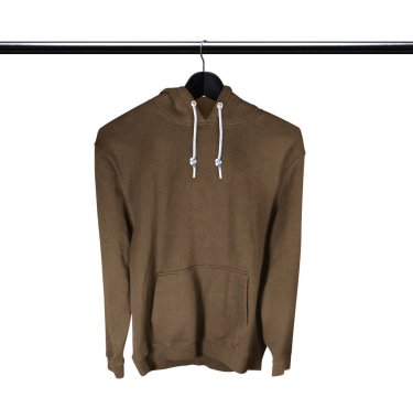 Tasarımlarınız için hemen güzel görüntüler oluşturun, bu Ön Görünüm Profesyonel Kapüşonlu Mockup Sepia Kahverengi Askılı Renkli.