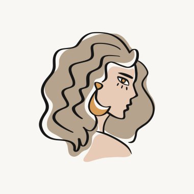 Serbest yazım tarzında kadın portresi. Soyut çağdaş moda illüstrasyonu. Ay küpeli kız. Vektör