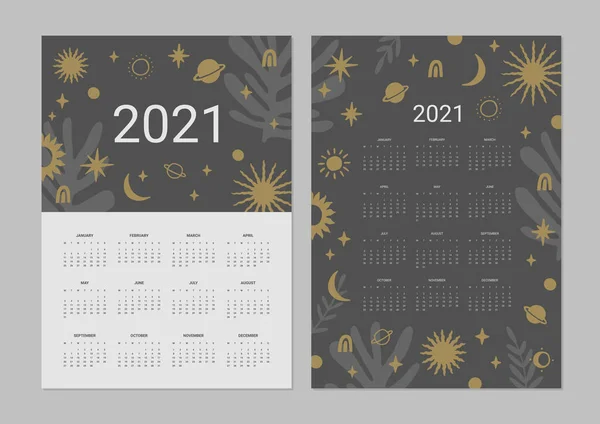 2021年カレンダー 2つの星や惑星と印刷可能な創造的なテンプレートのセット 夜空の背景 — ストックベクタ