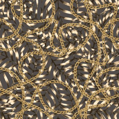 Altın zincirler ve tropikal yapraklarla soyut, pürüzsüz desen. El çizimi arkaplan