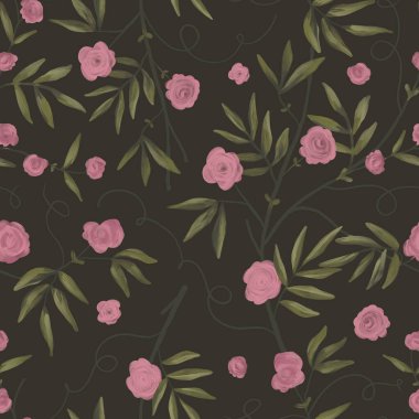 Çiçeksiz desen. Koyu arkaplanda pembe güller ve yeşil yapraklar. Yağlı boya bitkileri