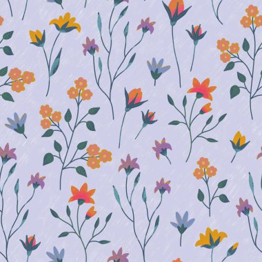 Açık mavi arka planda, el çizimi çiçeklerle kusursuz desen. Duvar kağıtları, kırtasiye veya kumaş resimleri.