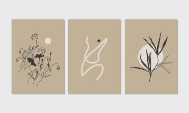 Çiçek desenli modern estetik posterler ve soyut minimalist çizimler. İç dekorasyon, duvar sanatı, çanta ve tişört baskısı için harika..
