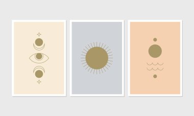 Modern minimalist poster ya da tebrik kartı seti. Kabile tarzı. Altın ve pastel renkli 3 illüstrasyonun koleksiyonu.