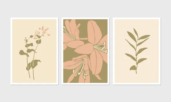 Moderna Affischer Med Blommiga Linocut Illustrationer Pastellfärger Blommor Och Växter — Stock vektor